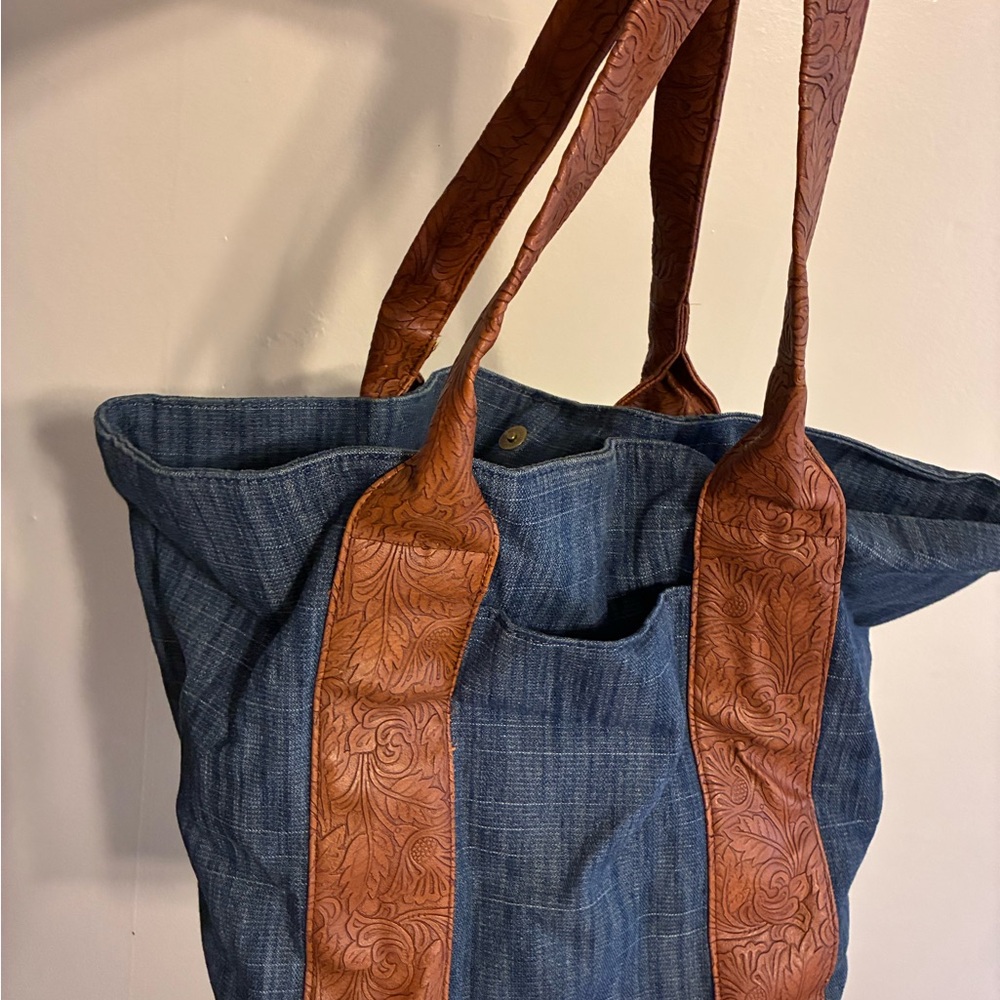 Stylish Denim and Brown Tote Bag